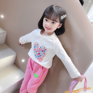 女童长袖t恤2022春秋薄款女宝宝纯棉卡通t休闲上衣小童白色打底衫