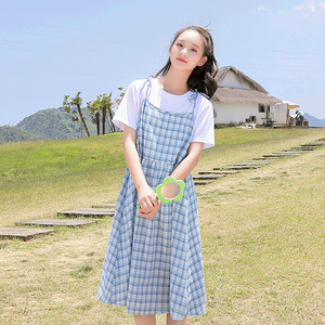 少女连衣裙套装夏季甜美格子12-15岁大童16休闲高中初中学生裙子