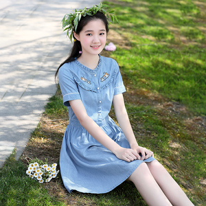 少女连衣裙女夏装学院风小清新高中学生大童中长款初中生牛仔裙子