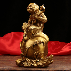 纯黄铜如意猴子摆件 十二生肖元宝寿桃猴摆设 家居风水招财礼品