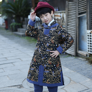 中国风保暖男童冬装长款棉大衣中式唐装加厚套装棉袄复古外套裤子