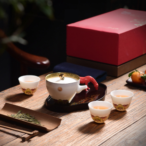 手抓壶描金功夫茶具渡景山房简约陶瓷礼品羊脂玉瓷茶杯大漆小托盘