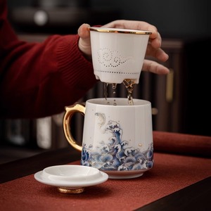 羊脂玉瓷水杯描金泡茶杯德化白瓷马克杯上釉大容量带盖家用陶瓷杯