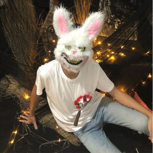 万圣节抖音同款血腥兔子毛绒面具 化妆舞会酒吧派对恐怖装饰 头套