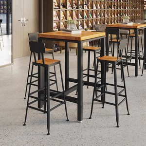 咖啡店高脚桌长桌子家用现代酒吧奶茶靠墙桌椅组合吧台桌铁艺实木