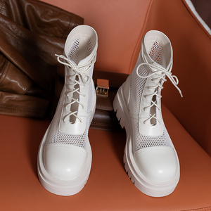 真皮白色靴子女夏季短筒厚底网靴2022新款网纱马丁靴大码小码女鞋