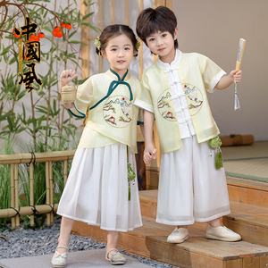 汉服男女童套装夏季儿童国风仙鹤刺绣唐装宝宝改良中式民族演出服