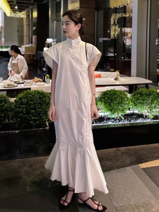 新中式白色盘扣衬衫连衣裙女2024夏季新款气质高级感高领国风长裙