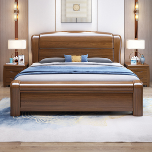 金丝胡桃木实木床1.8米中式双人床现代简约1.5米主卧高箱储物婚床