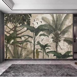 艺术手绘花卉客厅沙发电视背景竹木集成板东南亚芭蕉叶实心碳晶板