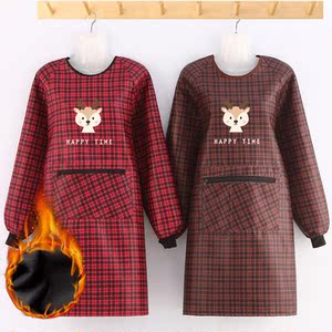 新年围裙倒穿衣高端时尚红色格子罩衫式围灶裙长款过膝高级防水