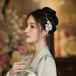 汉服头饰绢花朵发夹女古风发饰鬓超仙气流苏古代对边夹古装配饰品