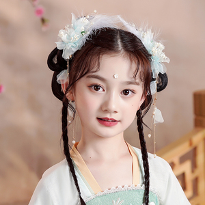 汉服头饰儿童绢花羽毛发夹中国古风发饰仙气流苏女童演出古装配饰