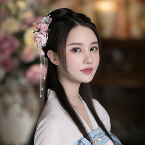 汉服头饰绢花朵发饰鬓古风仙气流苏发边夹唐风宋明制古装配饰品女