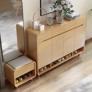 鞋柜可坐式家用门口实木色原木风带换鞋凳一体玄关进门入户北欧