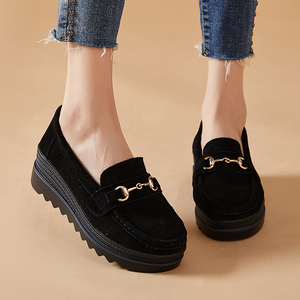 单鞋女厚底松糕鞋一脚蹬豆豆鞋老北京布鞋休闲增高鞋黑色工作鞋秋