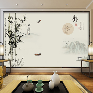 3d中式水墨山水客厅电视背景墙壁纸竹子小船壁画宁静致远字画墙纸