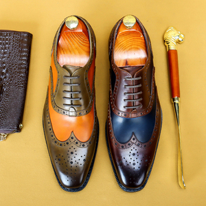 时尚布洛克雕花皮鞋男士商务正装真皮拼色韩版英伦牛津鞋男尖头