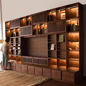 定制全实木满墙书柜电视背景墙柜整体组合黑胡桃木樱桃木酒柜书架