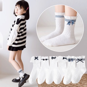 女童白色袜子纯棉春夏薄款公主蝴蝶结宝宝中大童潮中筒袜女孩袜子