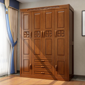 新中式橡木雕花衣柜4.56门实木对开门大衣橱卧室整体木质带抽家具
