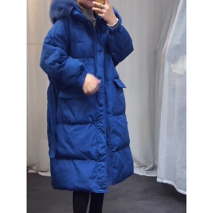 韩版中长款克莱因蓝羽绒棉服女秋冬装新款气质高级感狐狸毛领外套