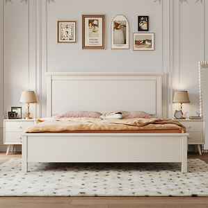 白色实木床现代简约美式1.35米双人主卧婚床大床200×220实木2x22