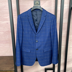 撤柜剪标男装春季休闲西服青年男士蓝色格纹修身小西装