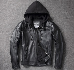 戴帽真皮皮夹克