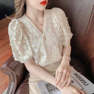 雪纺衫女短袖2024夏季新款网纱v领韩版宽松甜美小衫白色蕾丝上衣