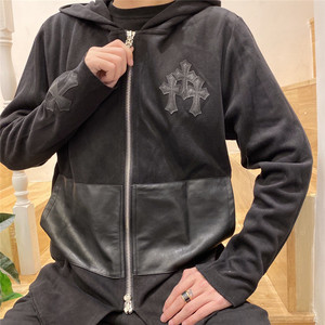 欧美秋冬新款克罗心刺绣梵文拼皮十字架连帽卫衣拉链外套男女同款