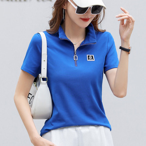 立领短袖t恤女polo衫2022夏季新款拉链宽松上衣翻领休闲纯棉体恤