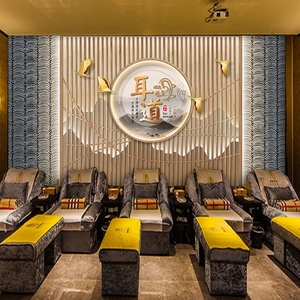 采耳店墙纸养生艾灸美容院吧台前台背景墙装饰壁画新中式山水壁纸