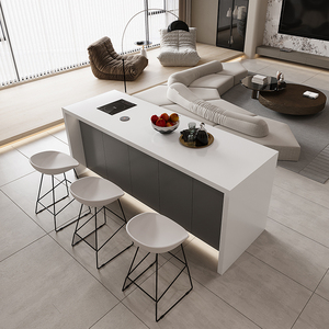 奶油风岩板中岛台餐桌一体小户型家用多功能导台沙发轻奢吧台定制