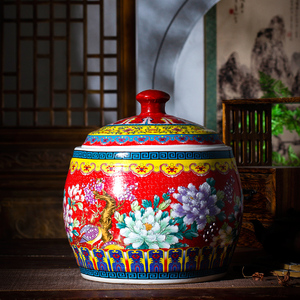 景德镇陶瓷米缸带盖家用客厅摆件密封中式珐琅彩20斤储物罐大号
