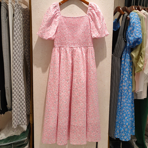 密斯倩q9103小碎花茶歇连衣裙女夏 方领泡泡袖收腰显瘦中长款裙子