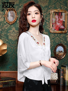 新中式国风半袖衬衫女士夏季刺绣气质V领提花短款配裙子披肩上衣