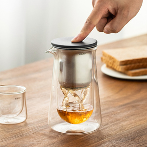 适放小鸟壶磁吸双层玻璃飘逸杯茶具按压式茶杯泡茶壶茶水分离神器