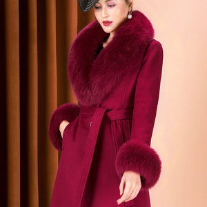 红色羊绒大衣女2023新款冬修身长款加厚妈妈狐狸毛领羊毛毛呢外套