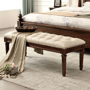 美式乡村实木床尾凳1.2米1.6米真皮复古风格卧室家具换鞋凳长凳