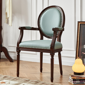 帝罗堡 美式书椅实木樱桃木真皮头层牛皮带扶手餐椅沙发椅单人椅