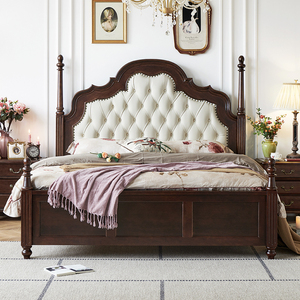 复古美式床实木真皮软靠高箱1米8双人床法式中古主卧家具2米大床