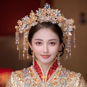 中式古装秀禾服蓝色脑后流苏古典结婚新娘头饰金色造型配饰品丹姿