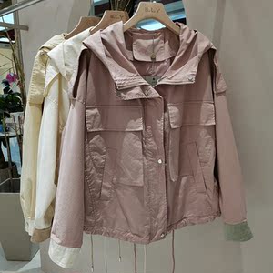 百靓苑2022春新款短外套女连帽韩版宽松小个子风衣工装上衣822c03