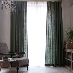 灰绿色新中式客厅卧室成品简约现代法式美式纯色灰色天然棉麻窗帘