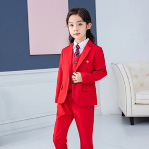 女童西装套装洋气韩版时尚外套模特走秀小西服红色女孩儿童礼服夏