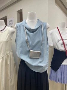 韩国东大门堆堆领无袖背心女2024夏季新款外穿蓝色镂空露背上衣潮
