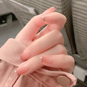 新款显白裸透色亮片法式短款美甲贴片穿戴式新娘孕妇防水假指甲