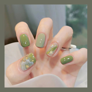 春夏新款抹茶绿晕染描金美甲贴片假指甲防水手工光疗穿戴式可拆卸