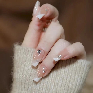 纯欲风气质简约白色海绵法式堆钻穿戴美甲新娘孕妇手工定制假指甲